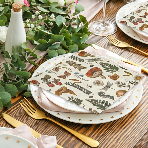 Vista 6 de AnyDesign 80 servilletas de papel de hongos vintage desechables con plantas de hongos, servilletas de almuerzo, estilo retro, postre, cena