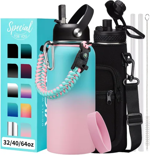 Vista 45 de Botellas de agua de 32 onzas aisladas con pajita y tapa para beber de un sorbo, asa de paracord, bolsa de transporte con correa, termo de triple
