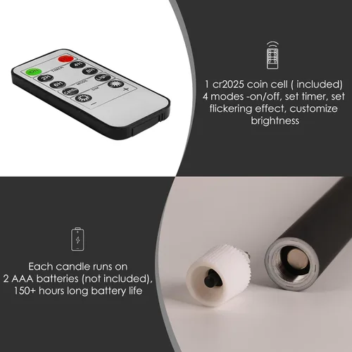 Vista 3 de Velas sin llama negras con control remoto, velas de LED realistas parpadeantes, operadas a batería, juego de 6