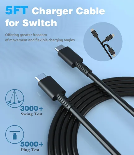 Vista 5 de Cargador para Nintendo Switch 2 Steam DeckSwitch y PS5 compatible con modo de TV, salida 60 W Max para Nintendo 2 con cable de carga de 5 pies