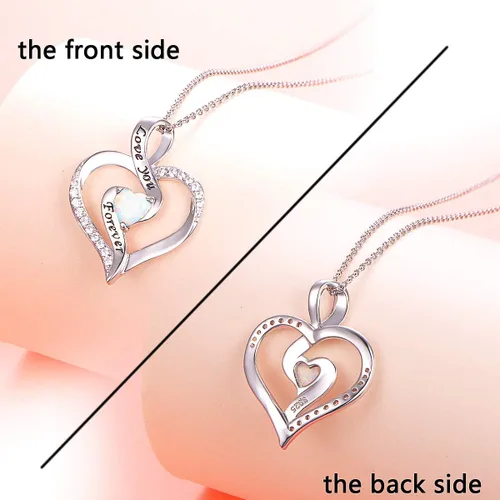 Vista 4 de Collar de corazón de ópalo para mujeres y niñas, joyería de plata de ley 925, colgante de medallón grabado con texto en inglés "I Love You", regalos