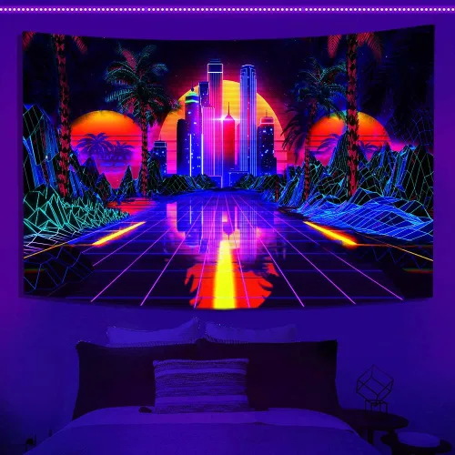 Vista 9 de TPMDFC Tapiz punk urbano con luz negra, reactivo a los rayos UV, decoración futurista japonesa de ciudad futurista, tamaño pequeño, 40 pulgadas, 30