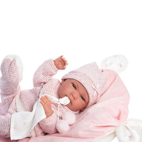 Vista 6 de Llorens Muñeca Nica con ojos azules y cuerpo de vinilo, muñeca bebé con traje rosa, manta de abrazo, chupete, cadena ficticia y cojín suave, 15.7 in