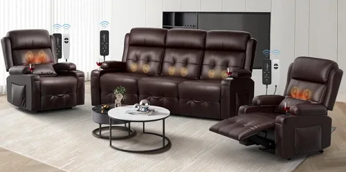 Vista 21 de Sofá reclinable manual de dos plazas, sofá reclinable de pared con masaje, puertos USB y tipo C, almacenamiento, portavasos, sofá RV para sala
