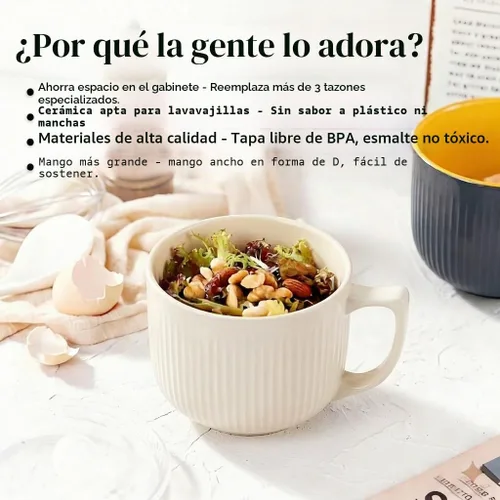 Vista 7 de Tazón de sopa de cerámica con asa y tapa, tazón grande de 32 onzas para Blanco 32