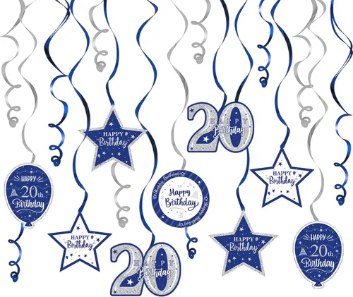 Vista 39 de Decoración de fiesta de serpentinas con purpurina azul y plateada de feliz 11º cumpleaños, 15 piezas de remolinos colgantes de 11 cumpleaños, cartel