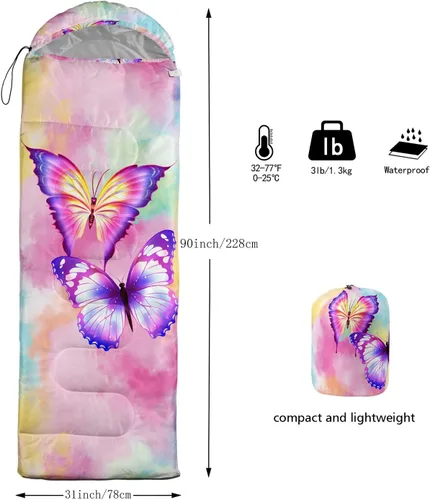 Vista 3 de CVHOUSE Saco de dormir de mariposa para campamento, 3 estaciones, clima cálido y fresco, ligero, saco de dormir impermeable para adultos y niños
