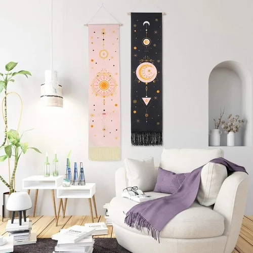 Vista 3 de Ochine Paquete de 2 tapices de fase lunar para colgar en la pared, tapices bohemios, fases blancas y negras, decoración del hogar para sala de estar
