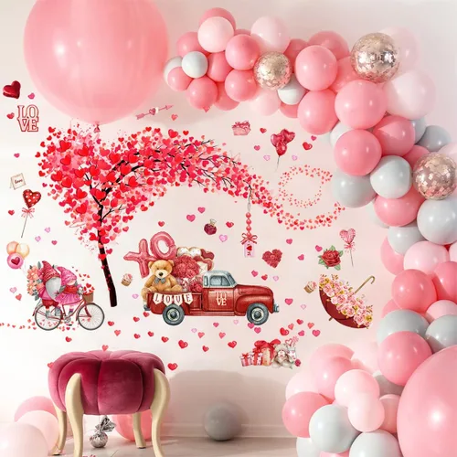 Vista 7 de 2 hojas de calcomanías de pared para el día de San Valentín, árbol de corazón, árbol rojo, camión, día de San Valentín, calcomanías de pared