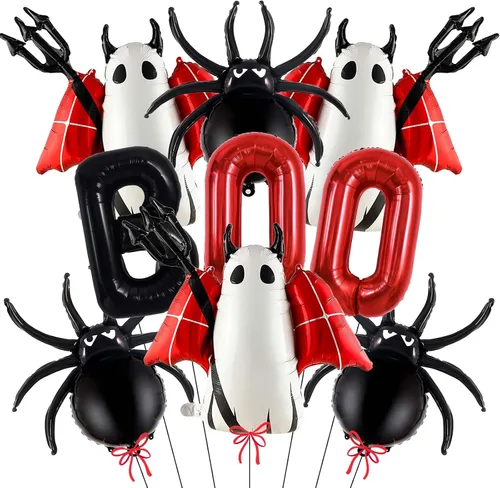 Vista 8 de Decoraciones de globos de Halloween, letras de abucheo negro, fantasma, murciélago, globo de lámina de araña para decoraciones de fiesta de Halloween