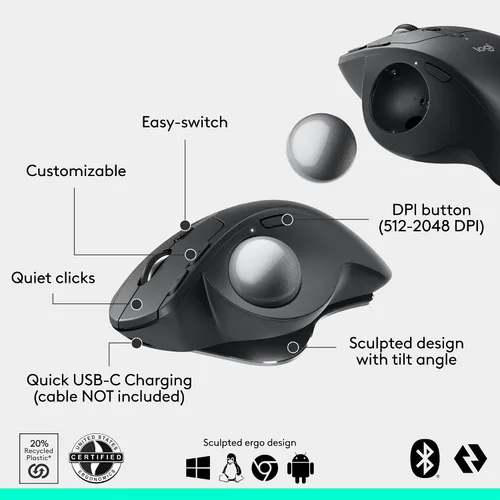 Vista 6 de Logitech MX Ergo S Mouse de trackball inalámbrico avanzado, ratón inalámbrico ergonómico recargable por USB-C con Bluetooth y dongle cifrado, 6