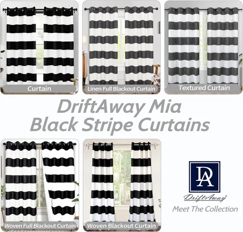 Vista 6 de DriftAway Cortinas negras con rayas para oscurecimiento de habitación, cortinas con ojales clásicas de rayas horizontales para dormitorio, sala