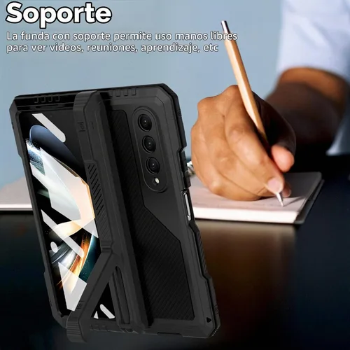 Vista 6 de Funda de metal para Samsung Galaxy Z Fold 4 con soporte para bolígrafo S, funda militar resistente Z Fold4 con protector de pantalla integrado Negro