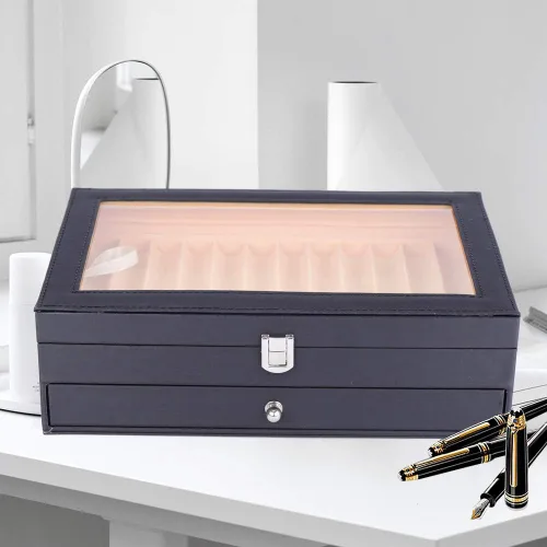 Vista 8 de Caja de exhibición de 24 plumas estilográficas, caja organizadora de bolígrafos de franela de cuero, caja de almacenamiento de cristal con tapa, 12
