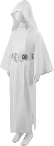 Vista 2 de Disfraz de princesa Leia para niñas vestido blanco con capucha para niños traje de lujo con cinturón para disfraz de Halloween