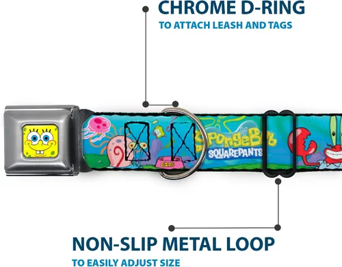 Vista 5 de Buckle-Down Collar de perro con hebilla de cinturón de seguridad, Bob Esponja y amigos/logotipo, 1 pulgada de ancho, se adapta a cuello de 9 a 15