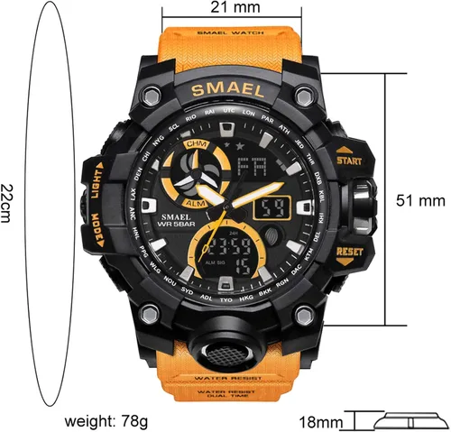 Vista 3 de Reloj analógico de cuarzo para hombre con doble pantalla y alarma digital con iluminación LED Anaranjado