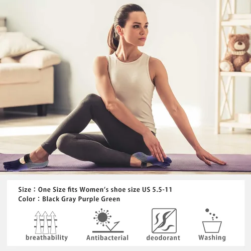 Vista 5 de QQOLi Calcetines de yoga antideslizantes Agarre fuerte y cinco dedos para mujeres, pilates, soporte deportivo antideslizante, cojín para mujer