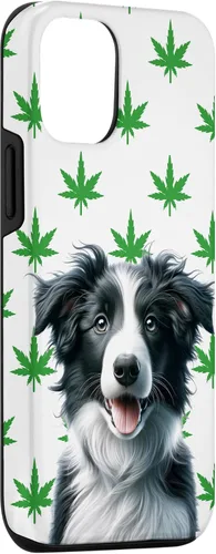 Vista 3 de iPhone 15 Black Border Collie Hemp Leaf Green & White Pattern Case