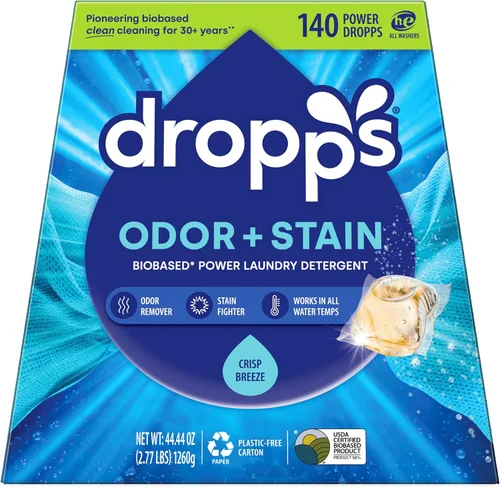 Vista 15 de Dropps Cápsulas de detergente para ropa a base de biológicas Odor & Stain Crisp Breeze HE compatibles con ropa fresca, suministros de jabón