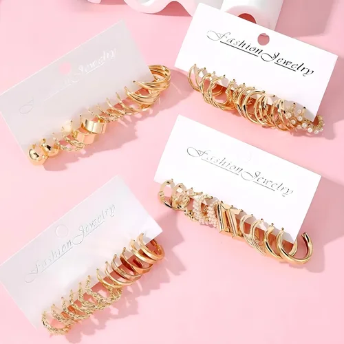 Vista 6 de Juego de 24 pares de aretes de aro dorados para mujeres y niñas, paquete múltiple de aretes de aro trenzados, hipoalergénicos, de cadena gruesa