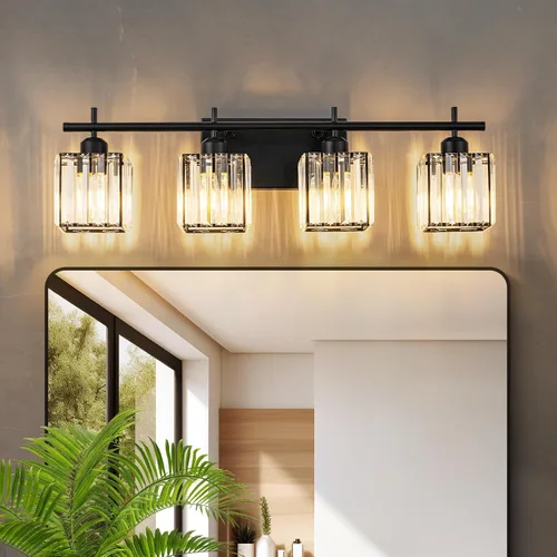 Vista 11 de Modernas luces de tocador de baño de cristal sobre el espejo, accesorios de iluminación de baño negro mate de 3 luces, accesorios de iluminación