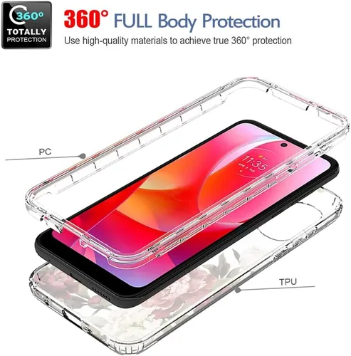 Vista 3 de Funda para Moto G Power 2022, Moto XT2165DL con protector de pantalla de vidrio templado, bonito patrón floral transparente de cuerpo completo