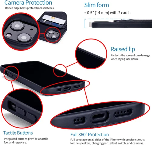 Vista 4 de Dockem Funda tipo cartera para iPhone 13 con carcasa de silicona líquida, placa de metal integrada para montaje magnético y 2 bolsillos para Negro