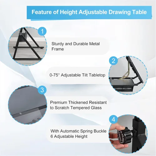 Vista 4 de Mesa de dibujo de dibujo de dibujo de altura ajustable, mesa de arte, manualidades, escritorio, mesa de vidrio inclinable, mesa de trabajo, mesa