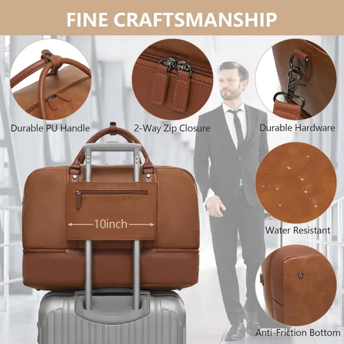 Vista 5 de Wogarl Bolsa de fin de semana para mujeres y hombres, bolsa grande de viaje, Marrón claro, Moda