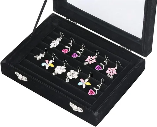 Vista 4 de Organizador de 50 anillos de vidrio de terciopelo para joyería, soporte de exhibición de anillos, caja de almacenamiento, aretes, joyero, caja