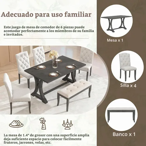 Vista 4 de Juego de mesa de comedor de 6 piezas estilo granja, mesa rectangular con soporte y 4 sillas tapizadas y banco, juego de muebles de cocina