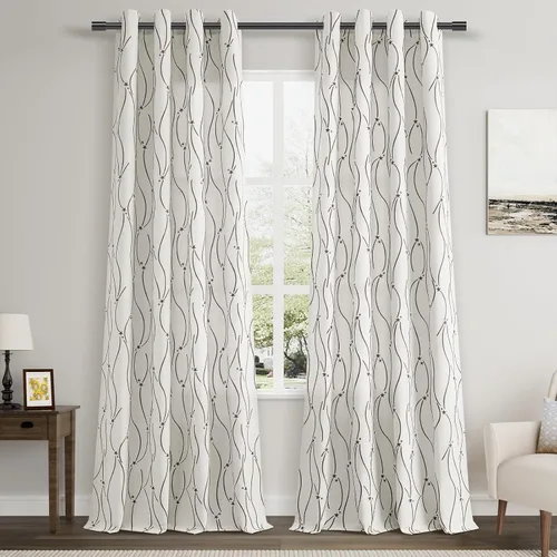 Vista 28 de Joywell Cortinas jacquard con ojales para sala de estar, 108 pulgadas de largo, línea ondulada negra con patrón de puntos, cortinas bordadas