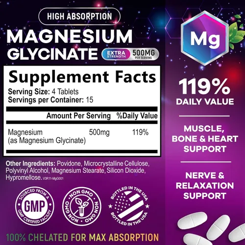 Vista 2 de Suplemento de glicinato de magnesio – 500 mg de magnesio por porción – 100% quelado y purificado – Apoya el sueño, la salud del corazón y la fuerza