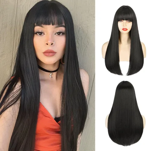 Vista 10 de Pelucas castañas para mujer, peluca larga y recta con flequillo, color marrón rojizo, cosplay, resistente al calor, peluca sintética de cobre rojo