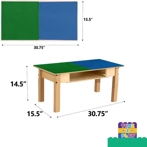 Vista 2 de Contender Time-2-Play - Mesa de madera contrachapada de abedul para niños, color azul y verde, compatible con Lego Montessori con estante para sala