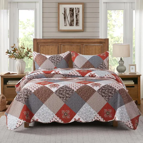 Vista 55 de Juego de cama de dos piezas, tamaño individual, de microfibra, reversible, de retazos, estilo floral, todas las estaciones, patrón de porcelana azul