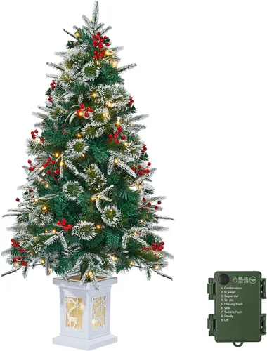 Vista 10 de Árbol de Navidad artificial preiluminado de 3 pies con base vintage en Árbol de abeto de Navidad iluminado con luces LED, funciona con pilas y 8