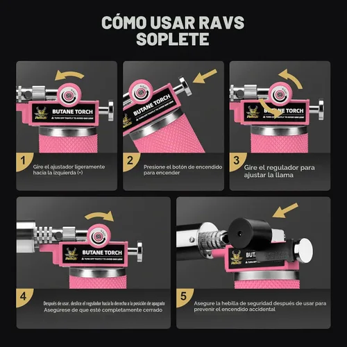 Vista 8 de RAVS Antorcha de Butano, Encendedor Antorcha de Metal Rosa con Llama Ajustable, Antorcha de Alimentos para Hornear, BBQ, Postres, Rellenos