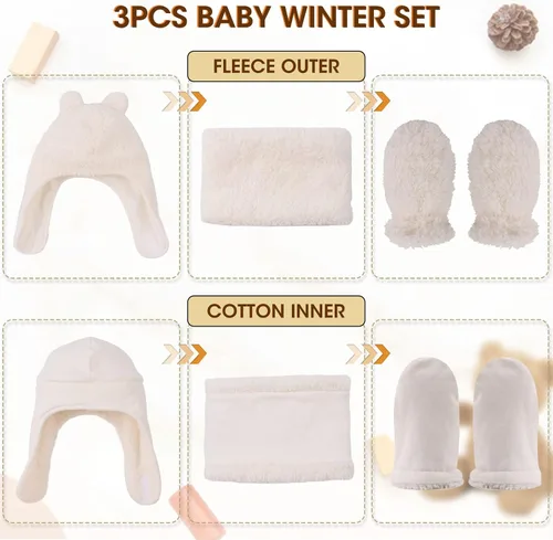 Vista 2 de Conjunto de gorro, bufanda y guantes de forro polar para bebé, gorro de invierno con orejeras para niños pequeños, bufandas y guantes cálidos