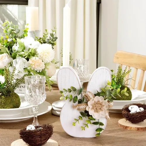 Vista 3 de Decoraciones de Pascua para el hogar: Rústica Antigua Conejito de Madera Feliz Pascua Mesa, Conejo Blanco de Granja con Flores Conejo de Madera