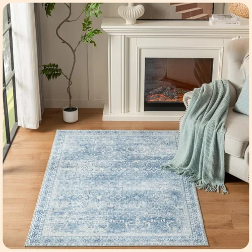 Vista 281 de Istana Alfombra larga antideslizante de 2.5 x 8 para el hogar, para pasillo y cocina, lavable, sedosa y suave al tacto, elegante, color azul y marfil