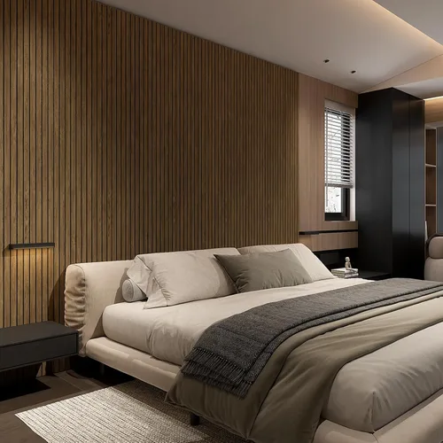 Vista 7 de 4 paneles de pared de listones de madera acústica 3D, absorción de sonido con cancelación de ruido, decoración de pared interior de teca natural