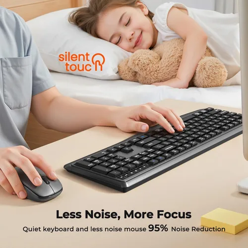 Vista 3 de Combo de teclado y mouse inalámbricos, 2.4 G/Bluetooth silencioso de tamaño completo, mouse inalámbrico de tamaño completo, mouse óptico de 3800