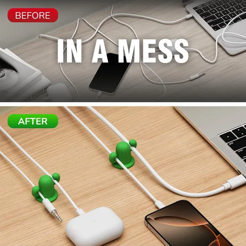 Vista 4 de ELETIUO Cactus - Organizador de cables de silicona con adhesivo fuerte, soporte universal para cables para escritorio, hogar, automóvil, organizador