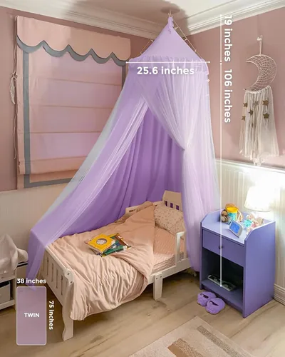 Vista 5 de Dosel de cama con luces de estrella, dosel de doble capa para cama, tienda de campaña de princesa para habitación de niñas, cortina de dosel