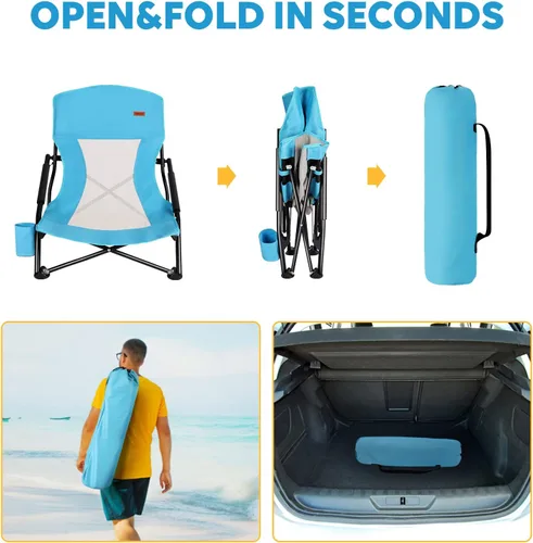 Vista 6 de TOBTOS Silla de playa baja para adultos, paquete de 2, plegable de perfil bajo con portavasos y bolsa de transporte, silla resistente para arena al
