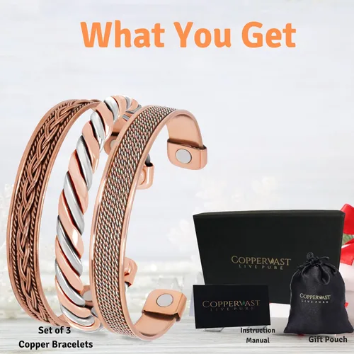 Vista 3 de Pulseras de cobre para hombres y mujeres Juego de 3 con caja de regalo Hecho a mano 100% cobre Regalo para mujeres y hombres
