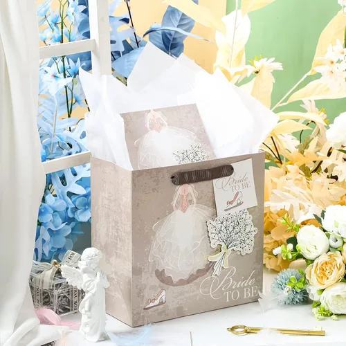 Vista 4 de MAYPLUSS Bolsa de regalo de boda mediana de 10 pulgadas con tarjeta de felicitación y papel de seda para aniversario, despedida de soltera, novia