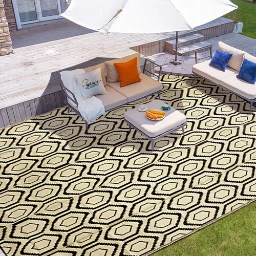 Vista 10 de fifame Alfombra de exterior de 9 x 12, alfombra de patio tejida de plástico gris & blanco